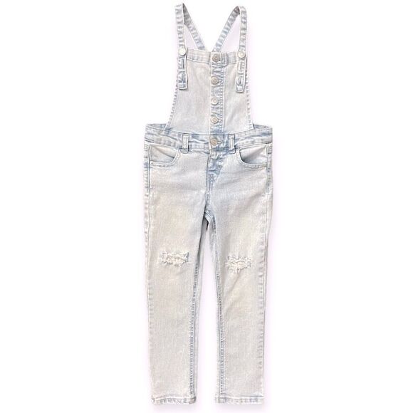 Cat & Jack Girl’s Light Wash Distressed Button Front Bib Denim Overalls XS 4/5 - Picture 1 of 14